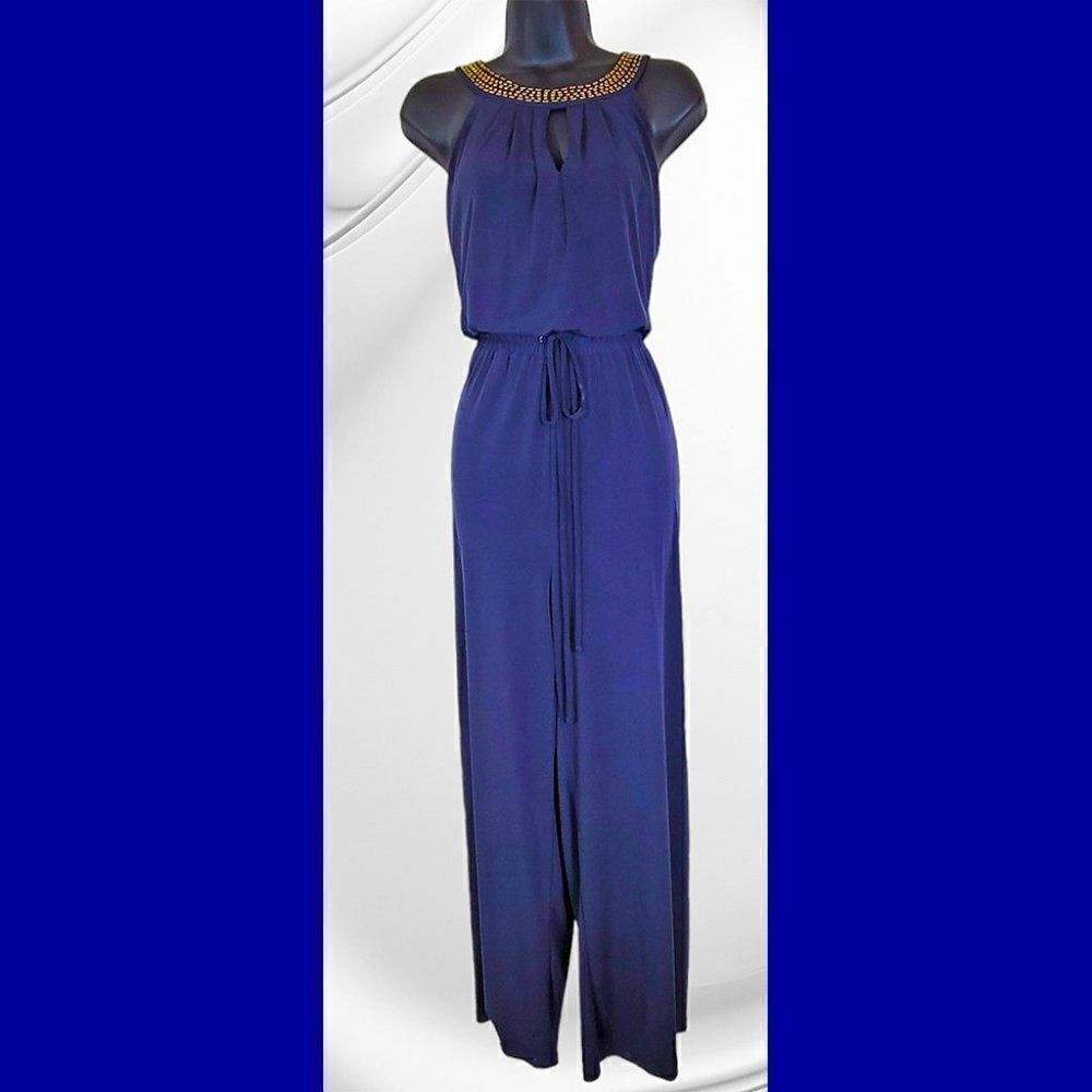 Shelby and Palmer navy blue gold accent Egyptian collar jumpsuit